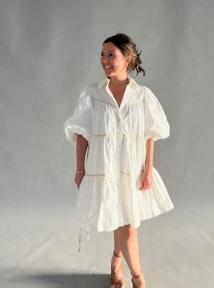 Cotton off white poplin tiered shirt dress Golden on Garden Cotton off white poplin tiered shirt dress Golden on Garden